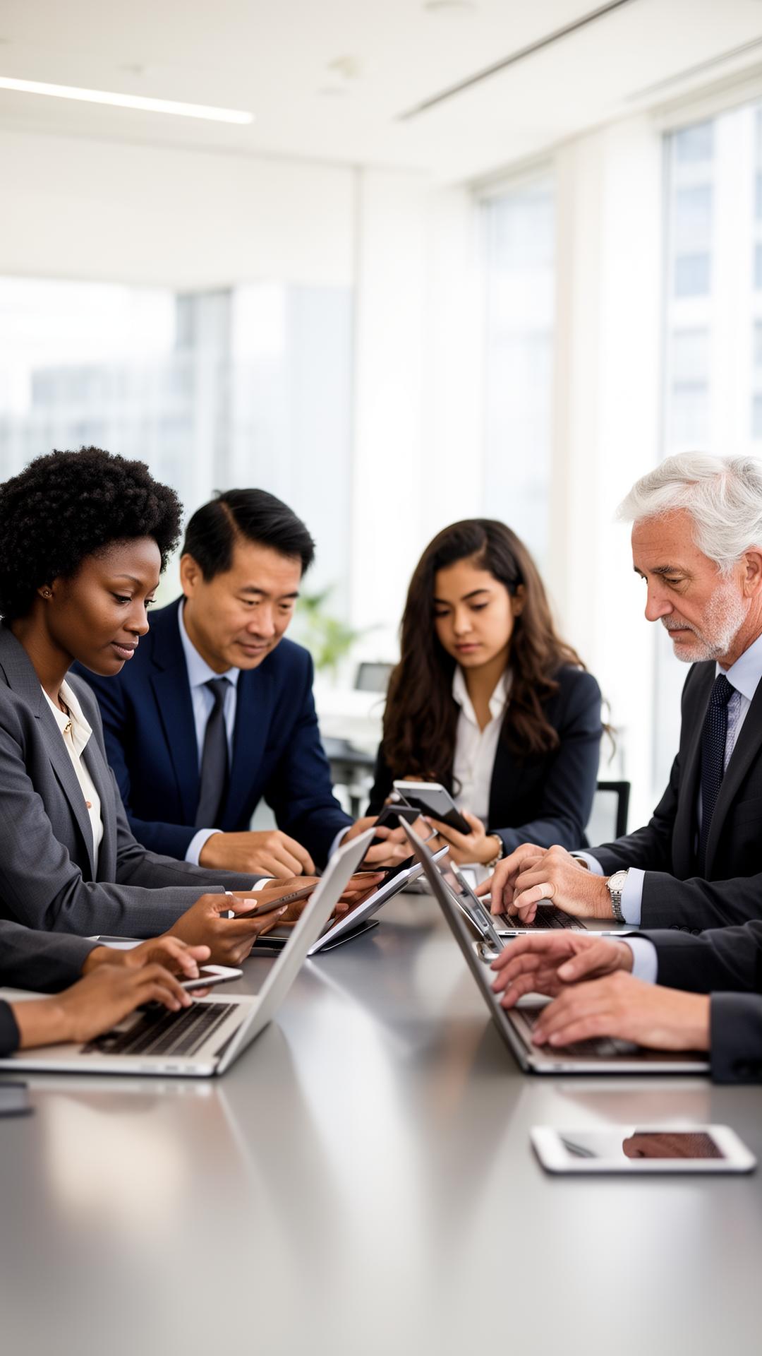 Diverse team of professionals collaborating on laptops, tablets and phones